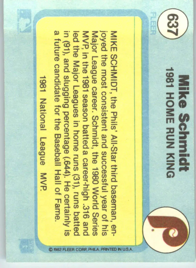 1982 Fleer #637 Mike Schmidt EX Excellent Philadelphia Phillies Baseball Card - Baseball Card Single