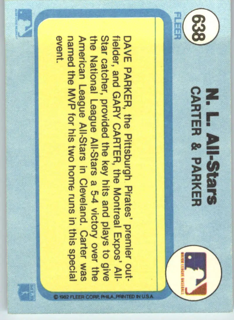 1982 Fleer #638 Gary Carter/Dave Parker EX Excellent Montreal Expos/Pittsburgh Pirates Baseball Card - Baseball Card