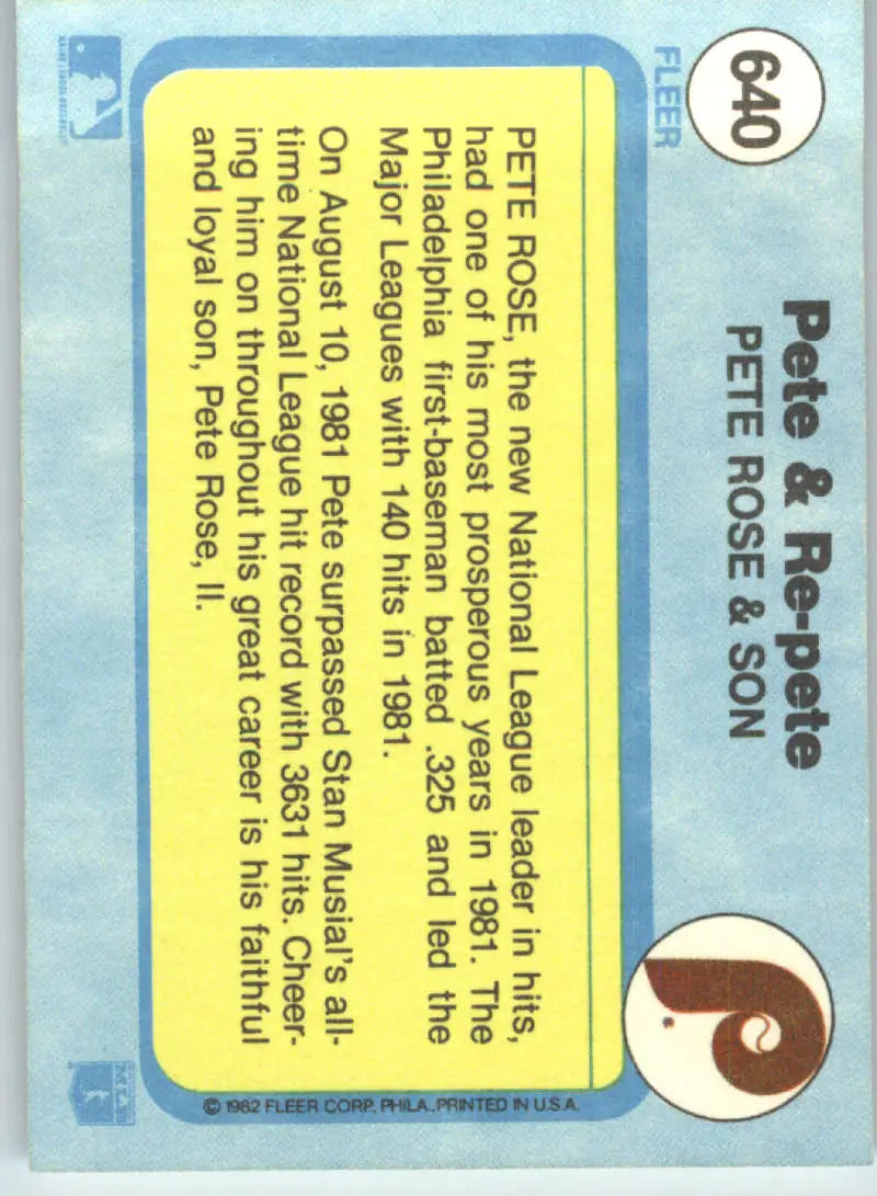 1982 Fleer #640 Pete Rose EX Excellent Philadelphia Phillies Baseball Card - Baseball Card Single