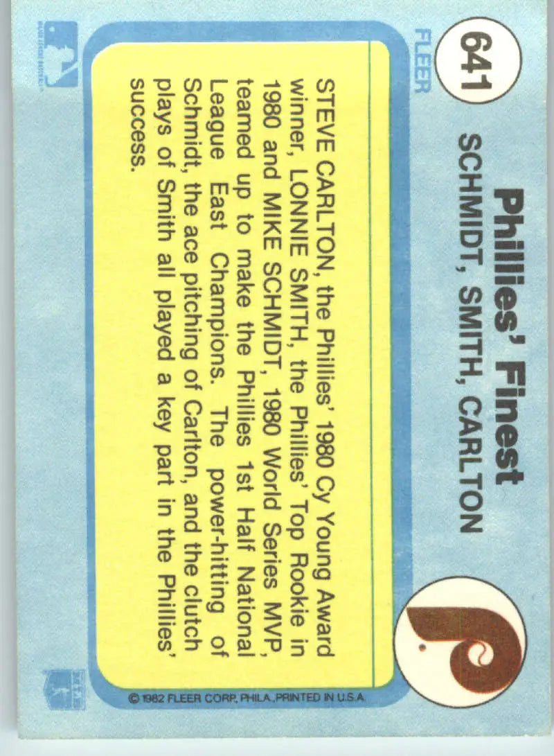 1982 Fleer #641 Mike Schmidt/Lonnie Smith/Steve Carlton EX Excellent Philadelphia Phillies Baseball Card - Baseball