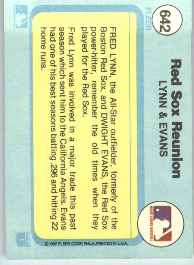 1982 Fleer #642 Fred Lynn/Dwight Evans EX Excellent Boston Red Sox Baseball Card - Baseball Card Single