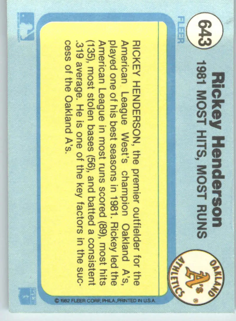 1982 Fleer #643 Rickey Henderson EX Excellent Oakland Athletics Baseball Card - Baseball Card Single