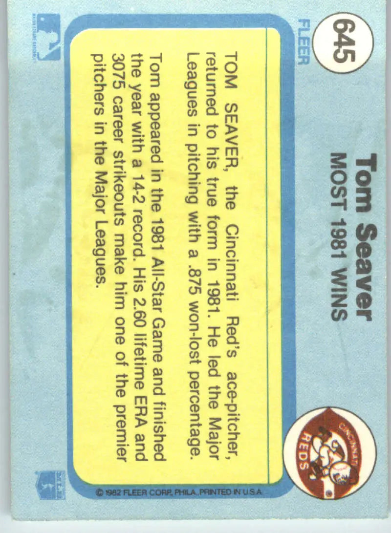 1982 Fleer #645 Tom Seaver EX Excellent Cincinnati Reds Baseball Card - Baseball Card Single