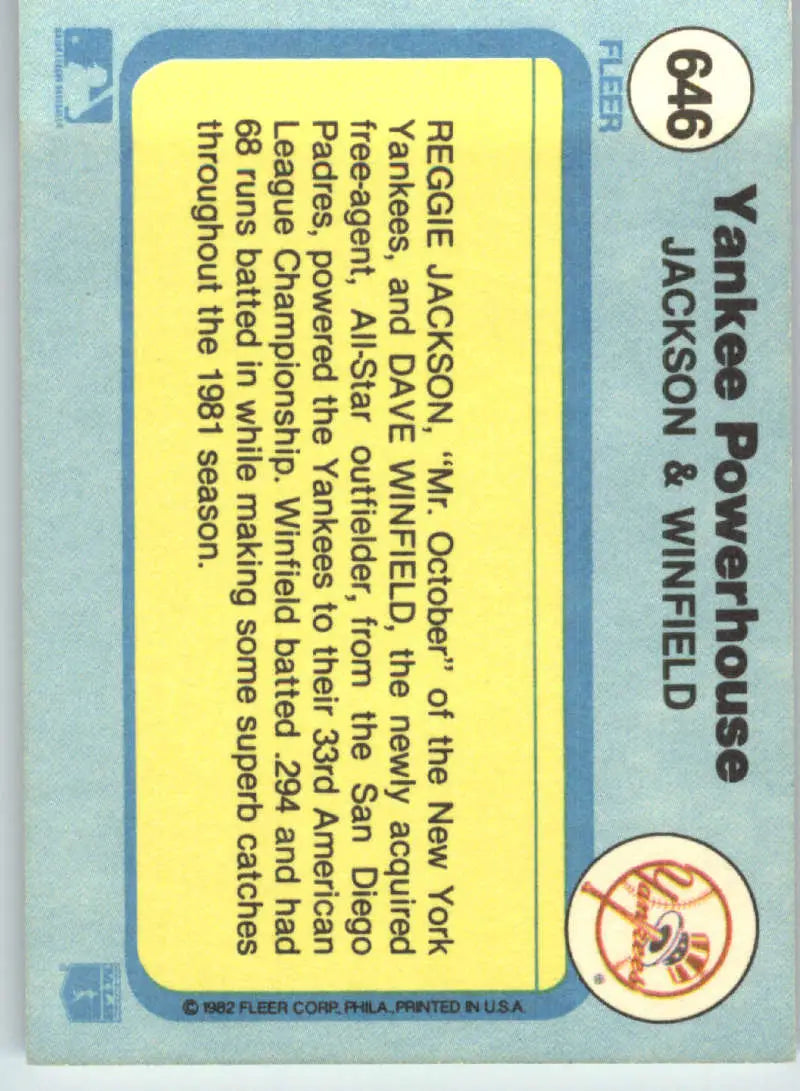 1982 Fleer #646 Reggie Jackson/Dave Winfield EX Excellent New York Yankees Baseball Card - Baseball Card Single