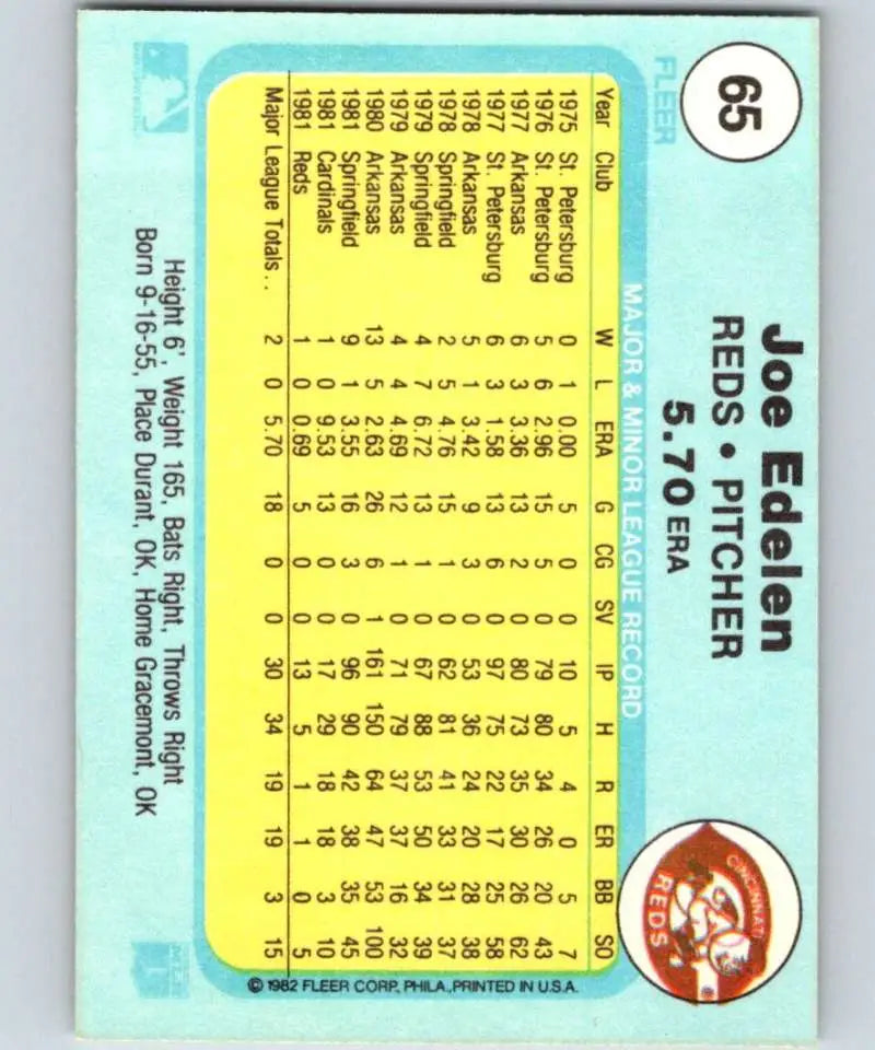 1982 Fleer #65 Joe Edelen EX Excellent RC Rookie Cincinnati Reds Baseball Card - Baseball Card Single