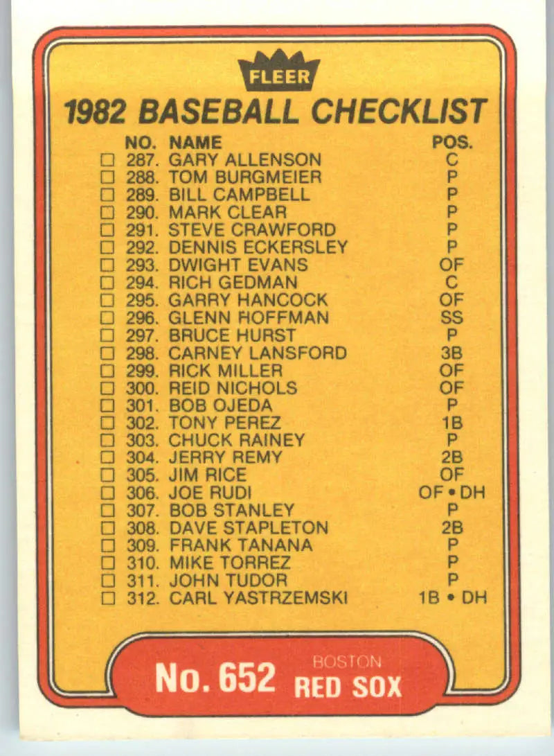 1982 Fleer #652 Checklist: Tigers/Red Sox EX Excellent Detroit Tigers/Boston Red Sox Baseball Card - Baseball Card