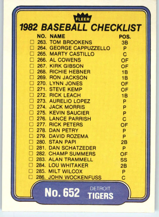 1982 Fleer #652 Checklist: Tigers/Red Sox EX Excellent Detroit Tigers/Boston Red Sox Baseball Card - Baseball Card