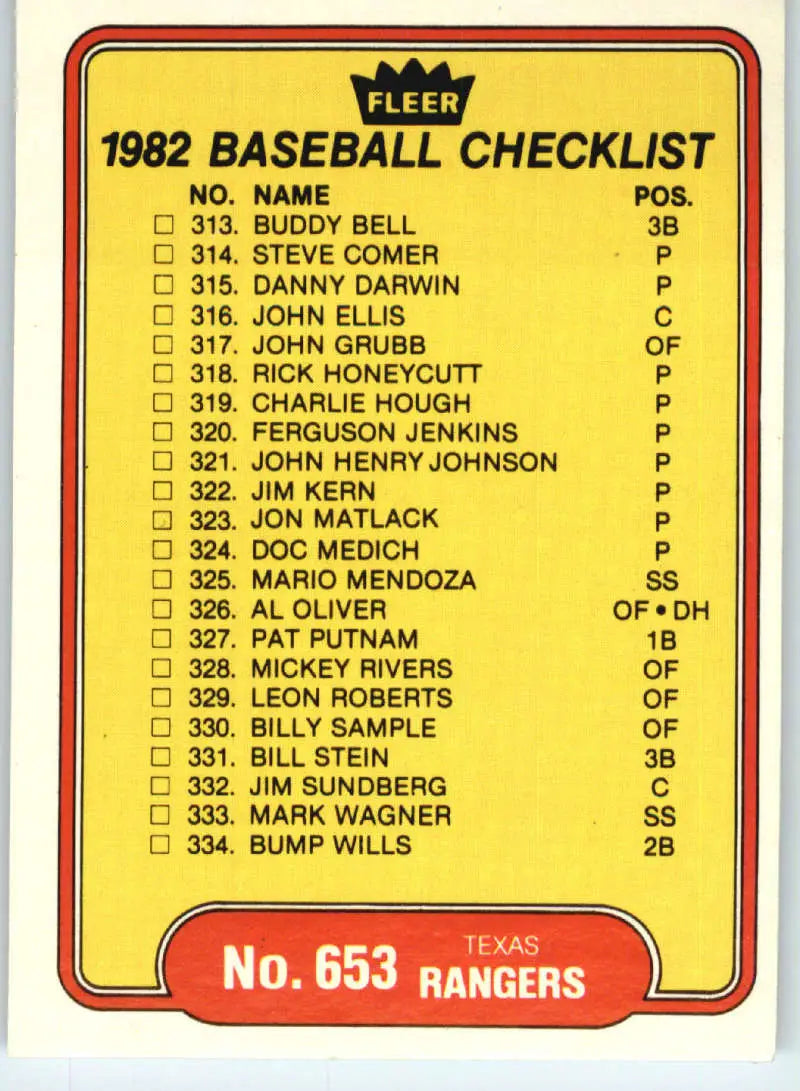 1982 Fleer #653 Checklist: Rangers/White Sox EX Excellent Texas Rangers/Chicago White Sox Baseball Card - Baseball Card