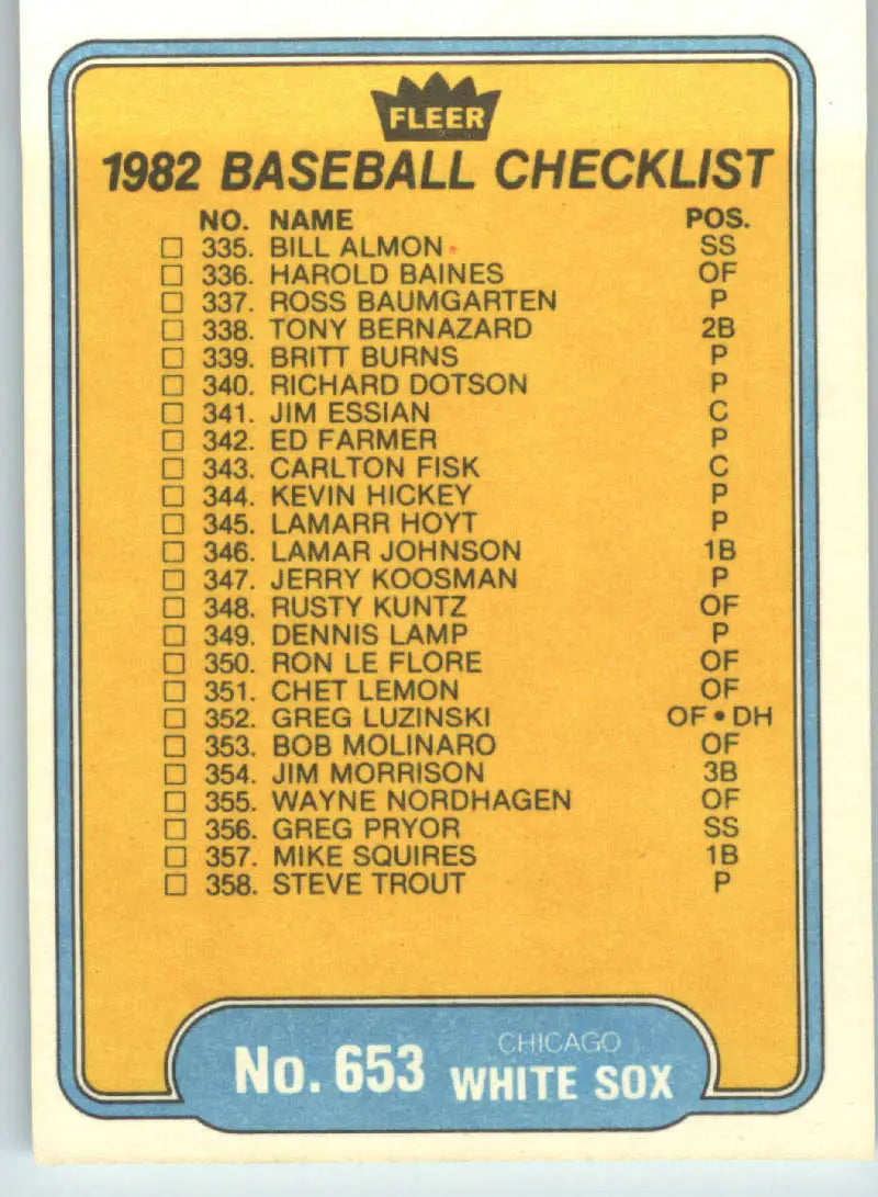 1982 Fleer #653 Checklist: Rangers/White Sox EX Excellent Texas Rangers/Chicago White Sox Baseball Card - Baseball Card