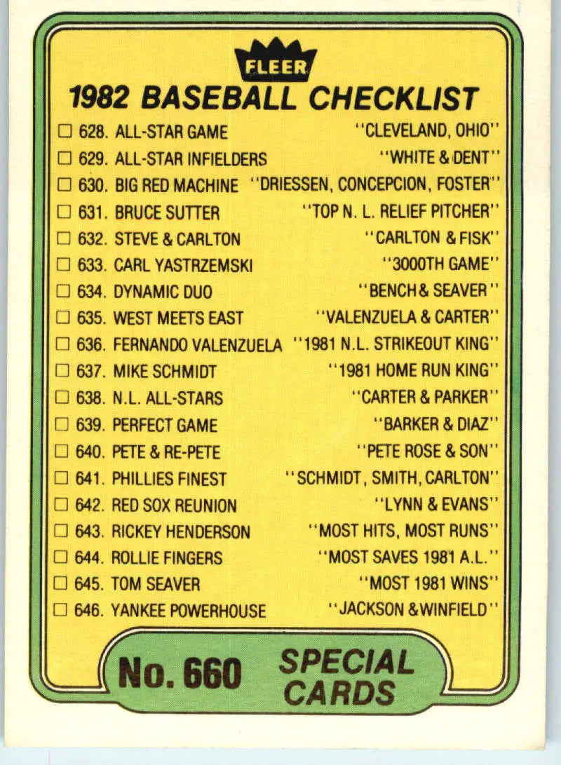 1982 Fleer #660 Specials Checklist EX Excellent Baseball Card - Baseball Card Single