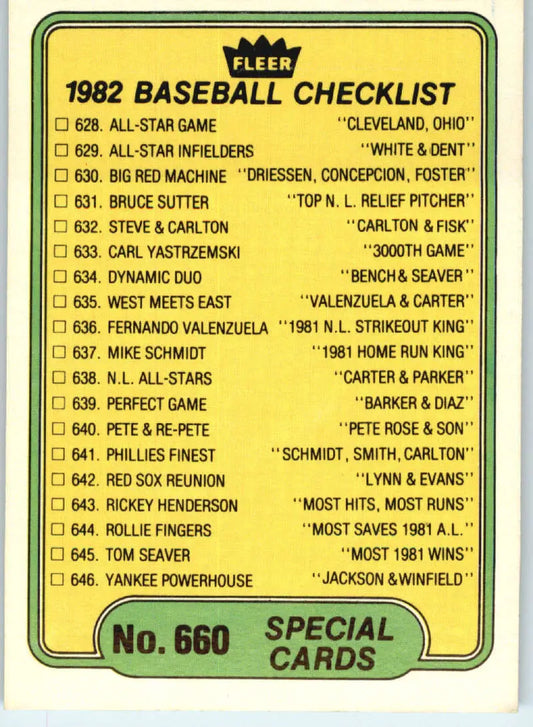 1982 Fleer #660 Specials Checklist EX Excellent Baseball Card - Baseball Card Single