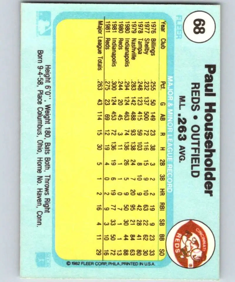 1982 Fleer #68 Paul Householder EX Excellent Cincinnati Reds Baseball Card - Baseball Card Single