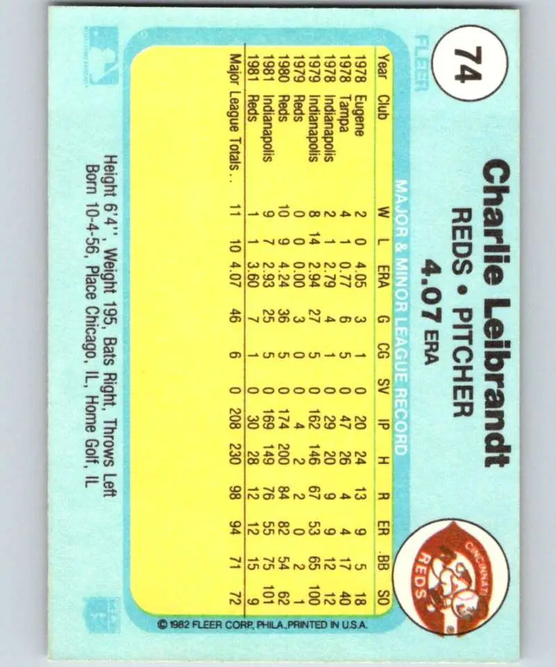 1982 Fleer #74 Charlie Leibrandt EX Excellent Cincinnati Reds Baseball Card - Baseball Card Single