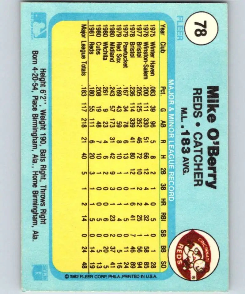 1982 Fleer #78 Mike O’Berry EX Excellent Cincinnati Reds Baseball Card - Baseball Card Single