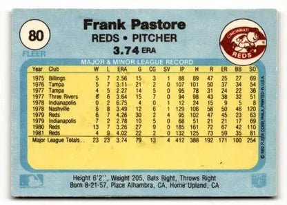 Original gloss Frank Pastore Cincinnati Reds baseball card from 1982 Fleer #80