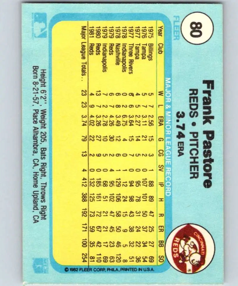 1982 Fleer #80 Frank Pastore EX Excellent Cincinnati Reds Baseball Card - Baseball Card Single