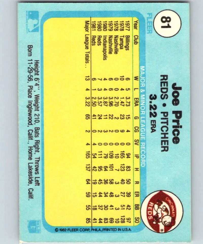 1982 Fleer #81 Joe Price EX Excellent Cincinnati Reds Baseball Card - Baseball Card Single