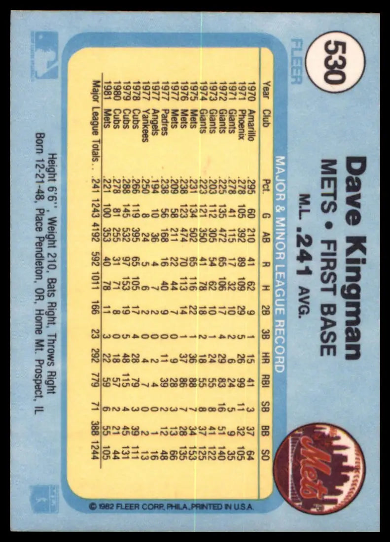 1982 Fleer Dave Kingman 530 New York Mets NM - Baseball Card Single