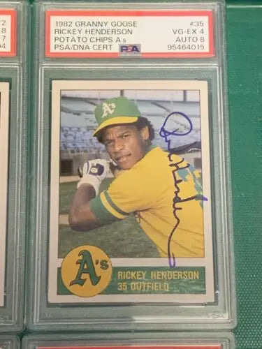 Graded and autographed Rickey Henderson baseball card from Granny Goose PSA DNA set