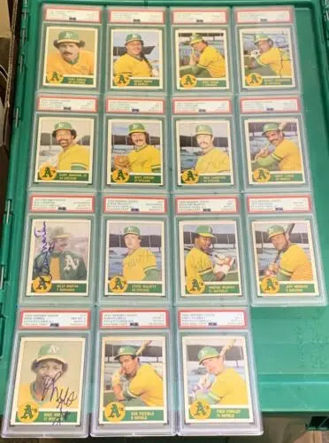 Oakland A’s Granny Goose baseball cards in protective cases featuring Rickey Henderson PSA DNA