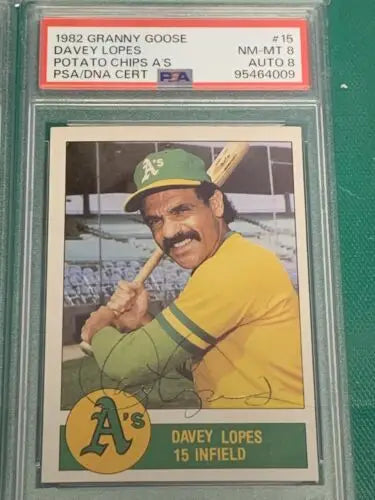 Graded Davey Lopes baseball card from 1982 Granny Goose Signature Set with PSA DNA