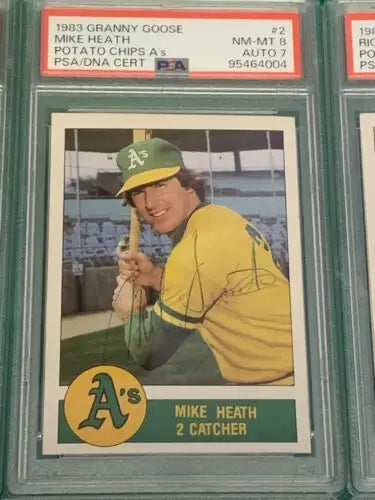 Graded Mike Heath baseball card from 1982 Granny Goose Signature Set PSA DNA Rickey Henderson