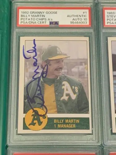 Signed Billy Martin baseball card from 1982 Granny Goose Signature Set PSA DNA