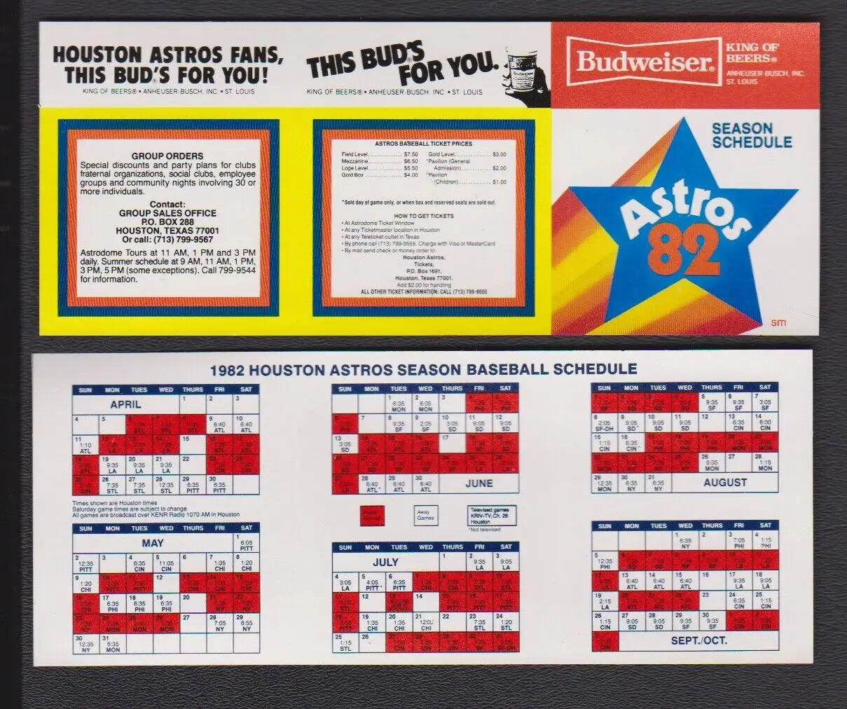 Vintage Houston Astros Pocket Schedule featuring 1982 season at Astrodome MINT condition