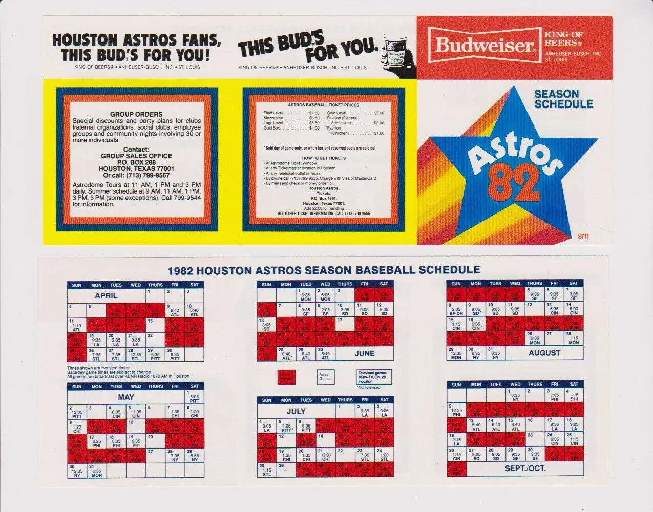 Vintage Houston Astros promotional flyer for 1982 Astros Pocket Schedule MINT