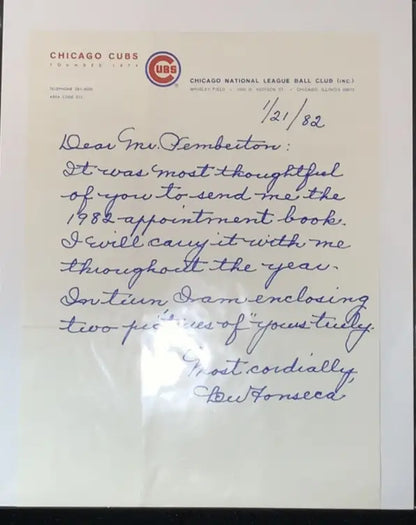 Handwritten Lou Fonseca letter on Chicago Cubs letterhead for 1982 JSA AUTO collectible