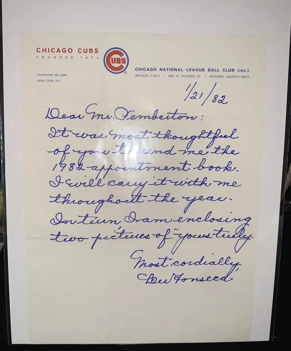 Handwritten letter on Chicago Cubs letterhead signed by Lou Fonseca, JSA AUTH
