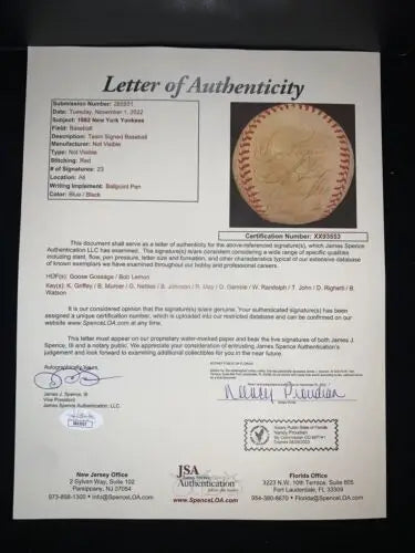 Letter of Authenticity for a signed baseball from the 1982 New York Yankees team