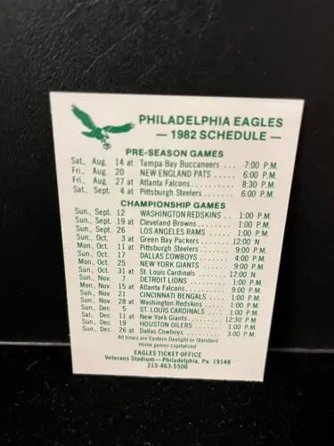 1982 Philadelphia Eagles Pocket Schedule sponsored by Frito Lay and Ruffles