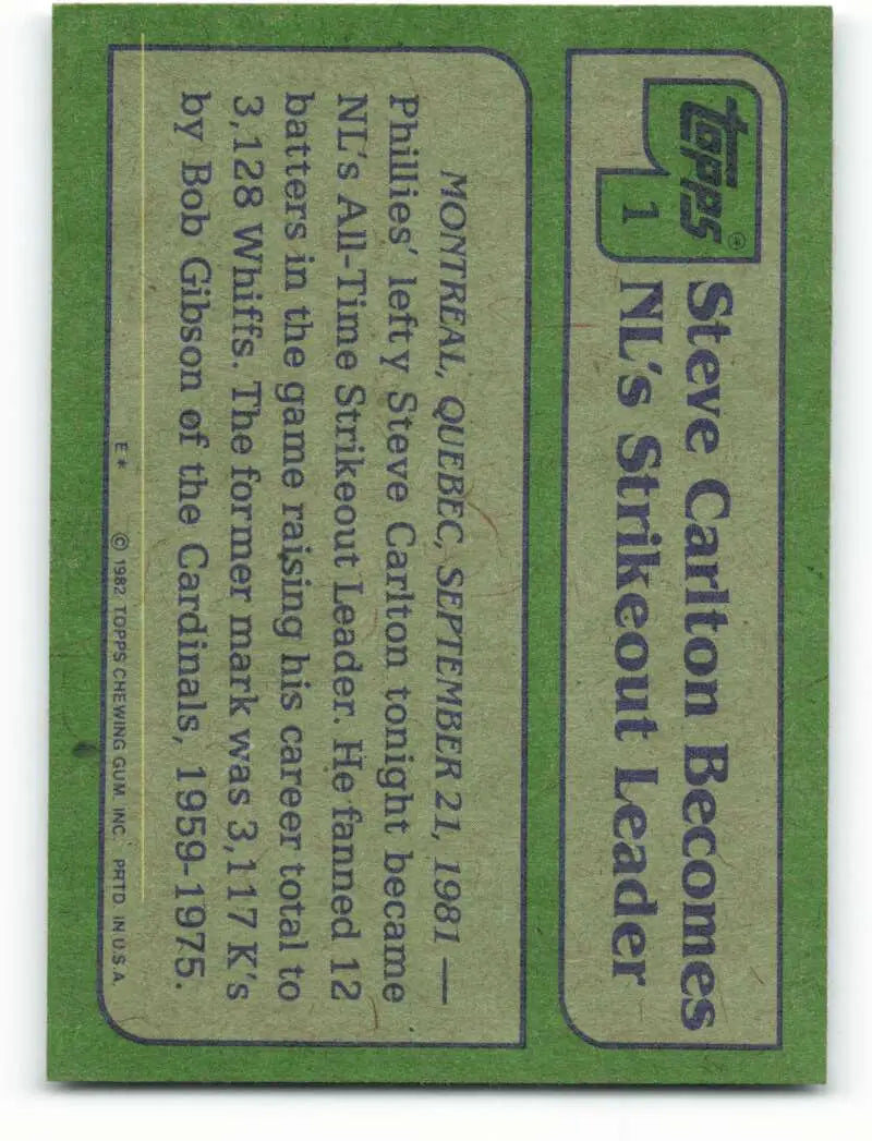 1982 Topps #1 Steve Carlton EX Excellent Philadelphia Phillies Baseball Card - Baseball Card Single