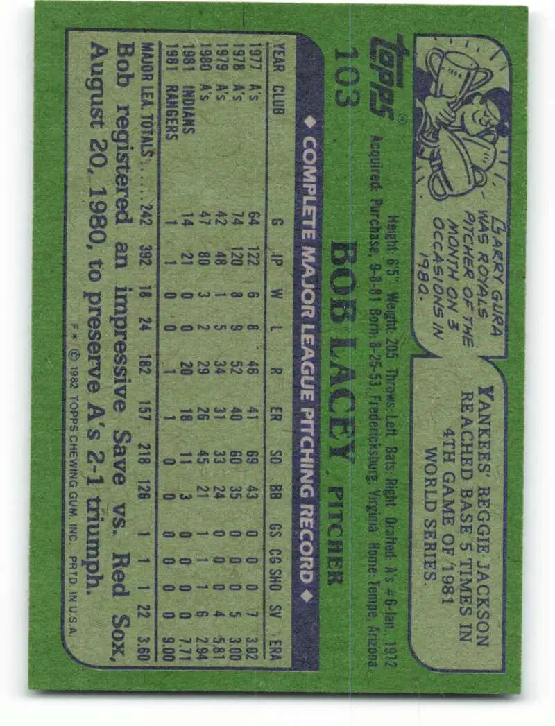 1982 Topps #103 Bob Lacey EX Excellent Texas Rangers Baseball Card - Baseball Card Single
