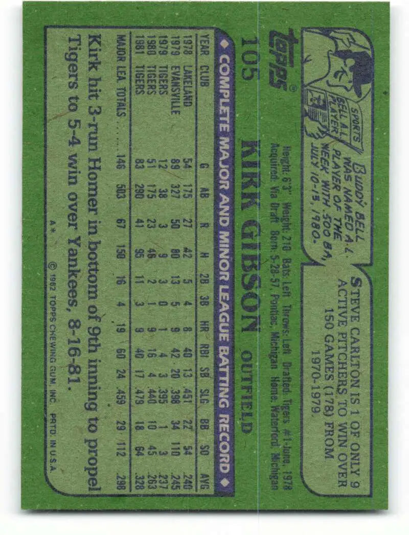 1982 Topps #105 Kirk Gibson EX Excellent Detroit Tigers Baseball Card - Baseball Card Single