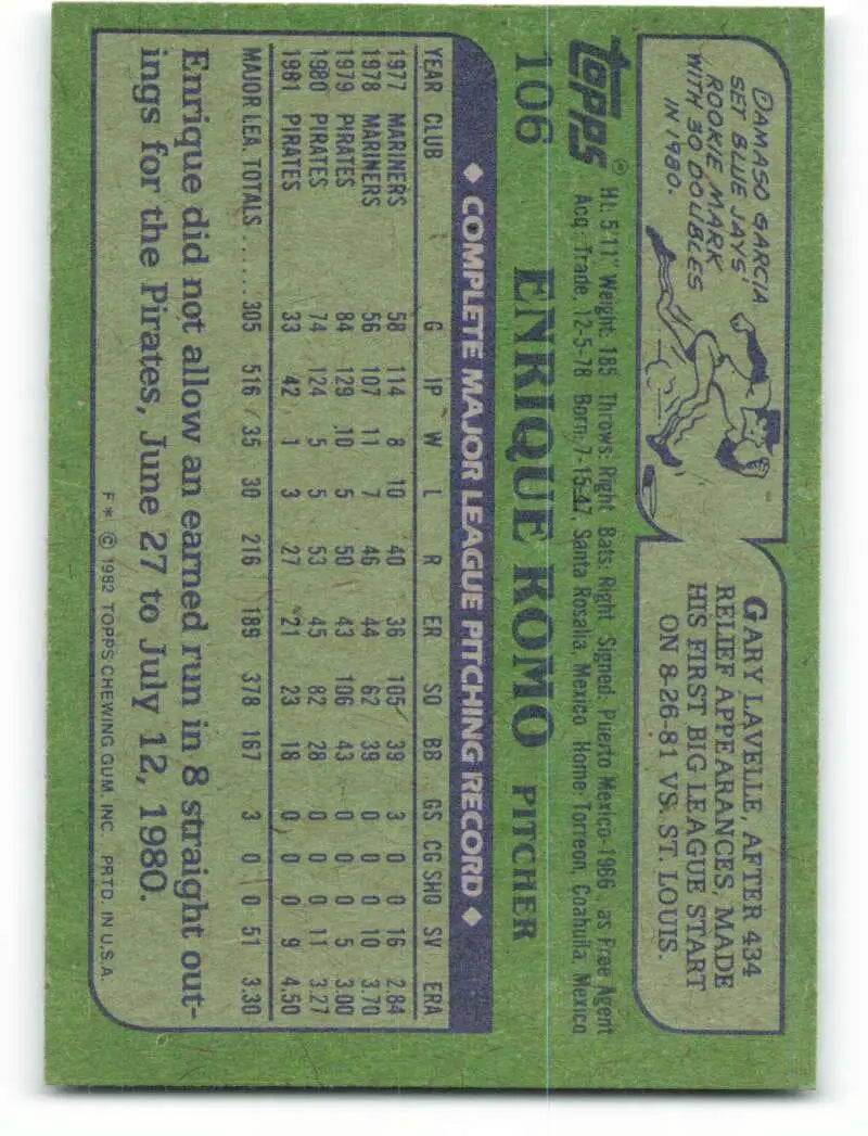 1982 Topps #106 Enrique Romo EX Excellent Pittsburgh Pirates Baseball Card - Baseball Card Single