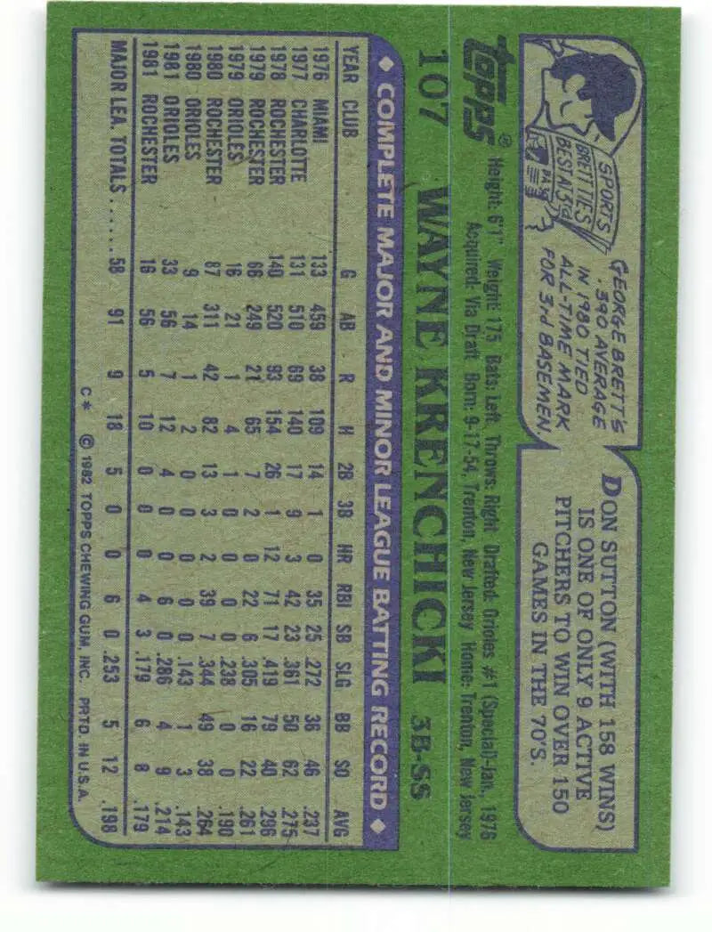 1982 Topps #107 Wayne Krenchicki EX Excellent Baltimore Orioles Baseball Card - Baseball Card Single
