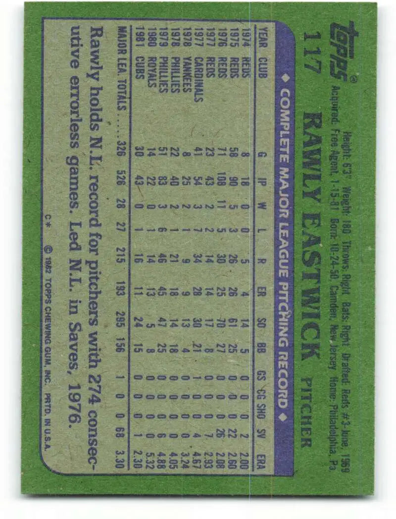 1982 Topps #117 Rawly Eastwick EX Excellent Chicago Cubs Baseball Card - Baseball Card Single