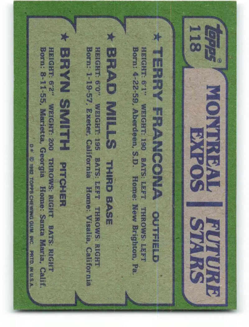 1982 Topps #118 Terry Francona/Brad Mills/Bryn Smith EX Excellent RC Rookie Montreal Expos Baseball Card - Baseball