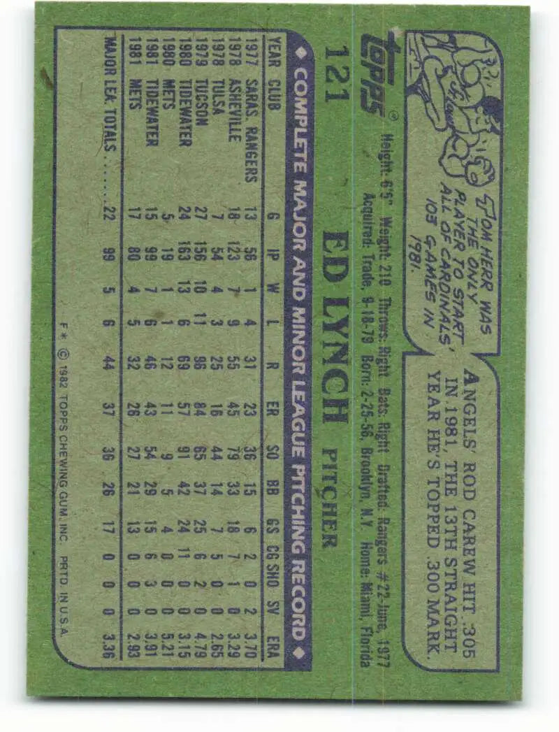 1982 Topps #121 Ed Lynch EX Excellent RC Rookie New York Mets Baseball Card - Baseball Card Single