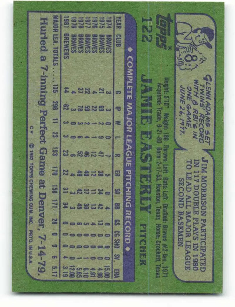 1982 Topps #122 Jamie Easterly EX Excellent Milwaukee Brewers Baseball Card - Baseball Card Single