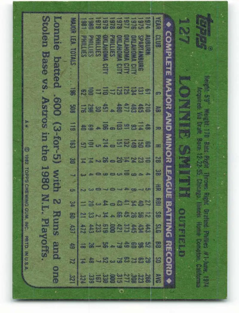 1982 Topps #127 Lonnie Smith EX Excellent Philadelphia Phillies Baseball Card - Baseball Card Single