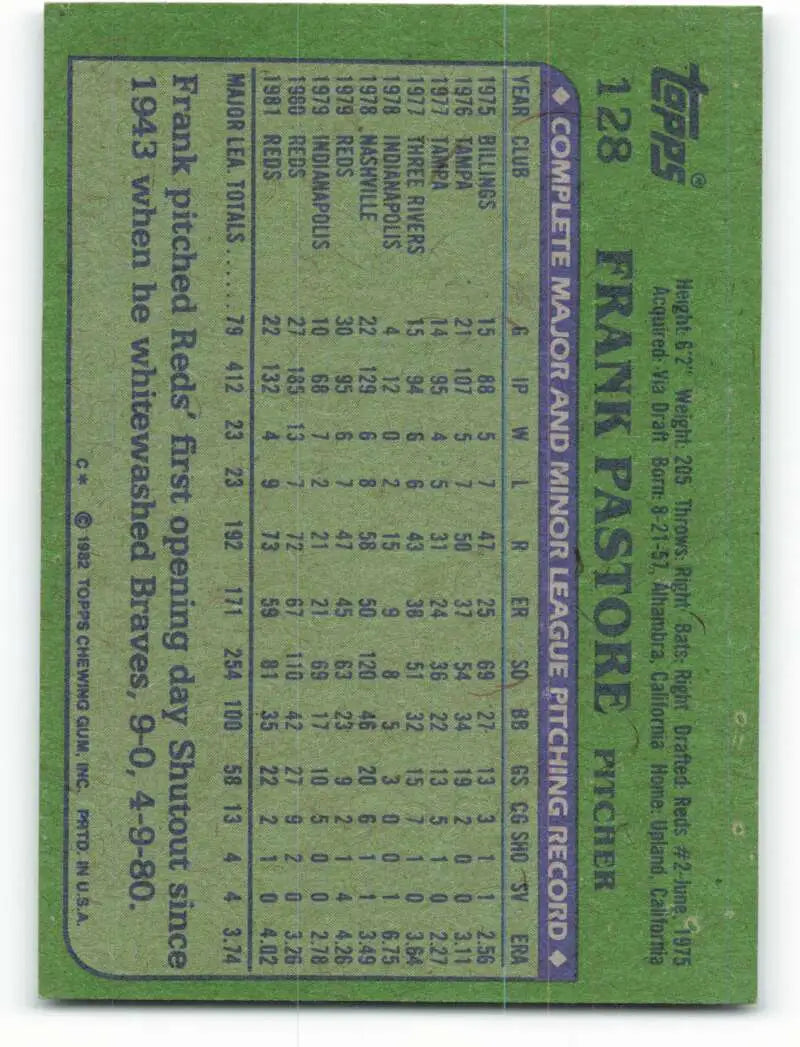 1982 Topps #128 Frank Pastore EX Excellent Cincinnati Reds Baseball Card - Baseball Card Single