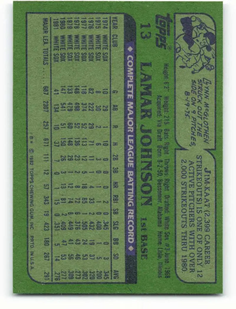 1982 Topps #13 Lamar Johnson EX Excellent Chicago White Sox Baseball Card - Baseball Card Single