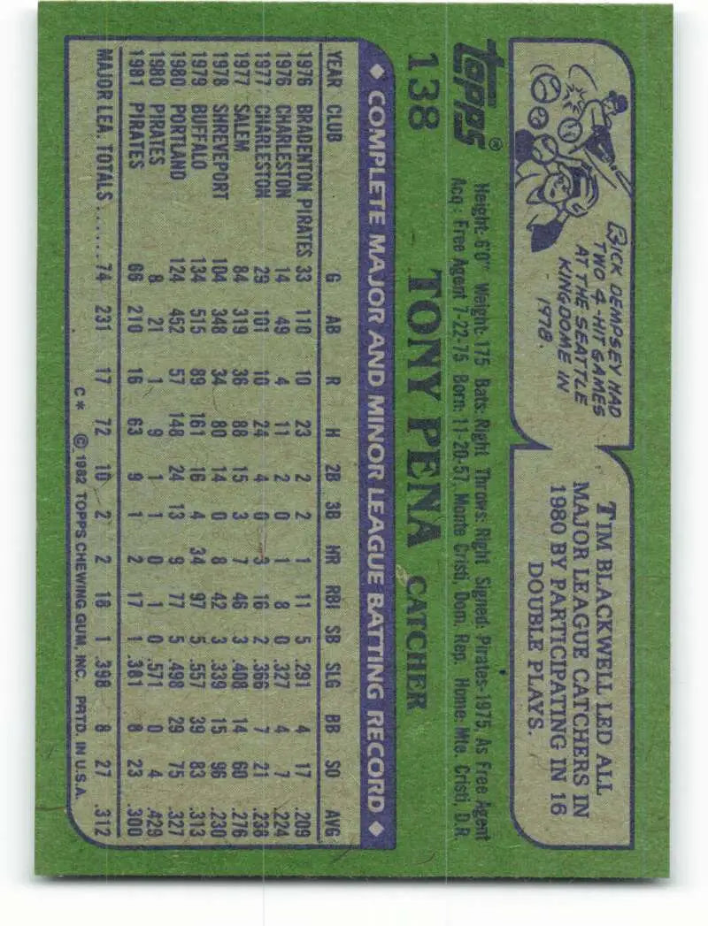 1982 Topps #138 Tony Pena EX Excellent Pittsburgh Pirates Baseball Card - Baseball Card Single