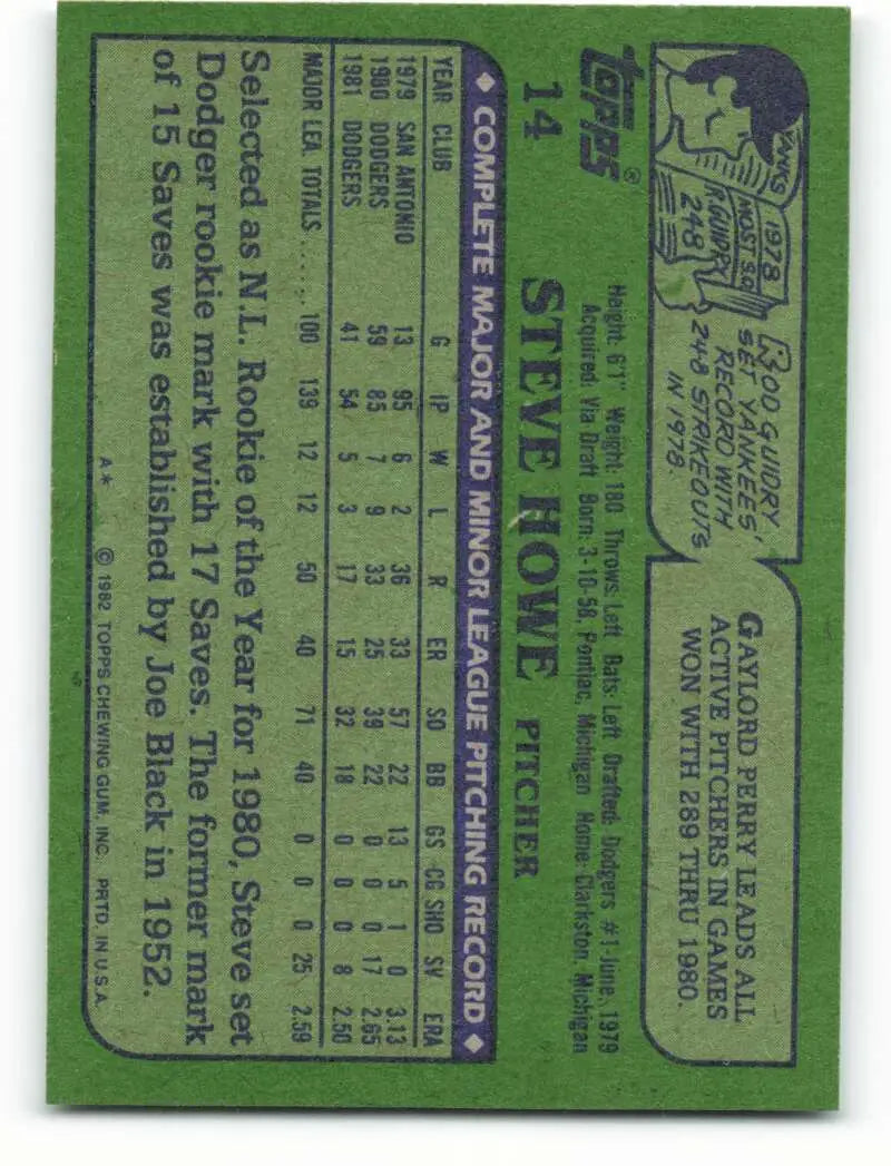 1982 Topps #14 Steve Howe EX Excellent Los Angeles Dodgers Baseball Card - Baseball Card Single