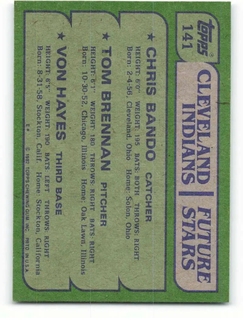 1982 Topps #141 Chris Bando/Tom Brennan/Von Hayes EX Excellent RC Rookie Cleveland Indians Baseball Card - Baseball