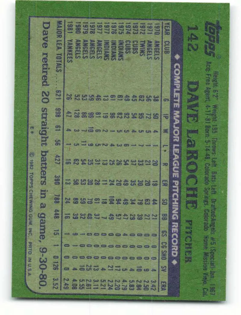 1982 Topps #142 Dave LaRoche EX Excellent New York Yankees Baseball Card - Baseball Card Single