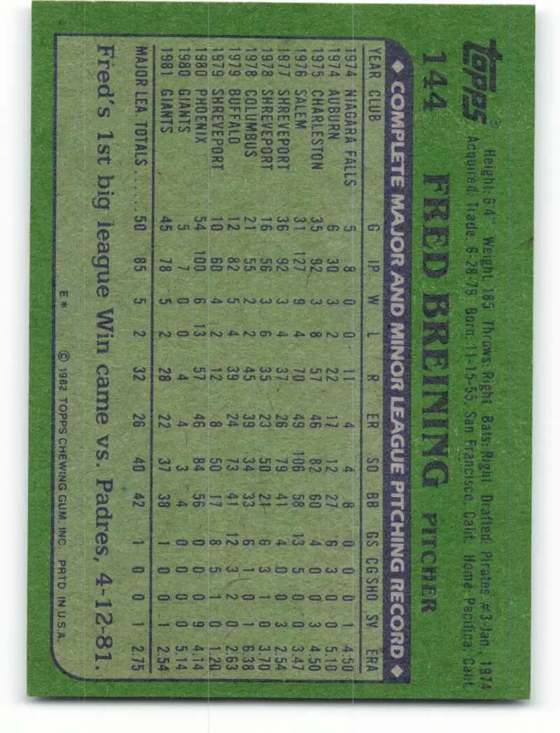 1982 Topps #144 Fred Breining EX Excellent RC Rookie San Francisco Giants Baseball Card - Baseball Card Single